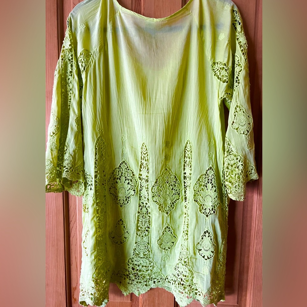 CCVI embroidery tunic blouse, bikini cover, Size M green lime color, 3/4 sleeves